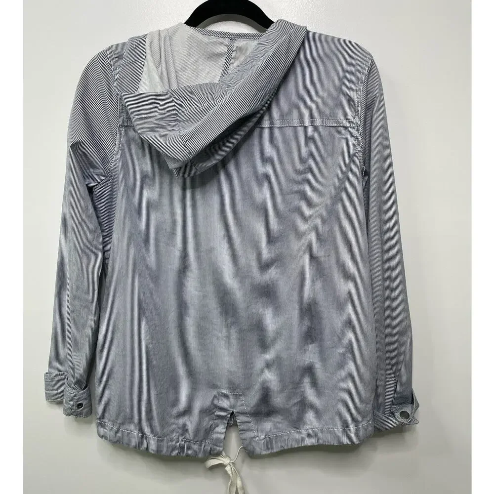 So Pinstriped‎ Long Sleeve Snap Button Field Hooded Jacket Blue/White Women's M